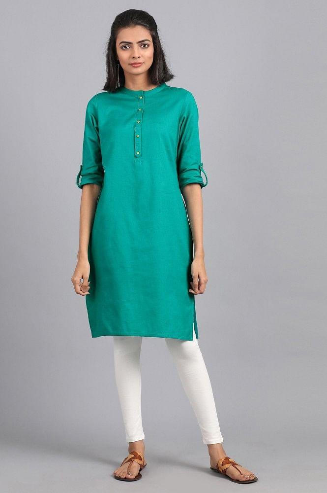 Green Mandarin Neck Solid kurta - wforwoman