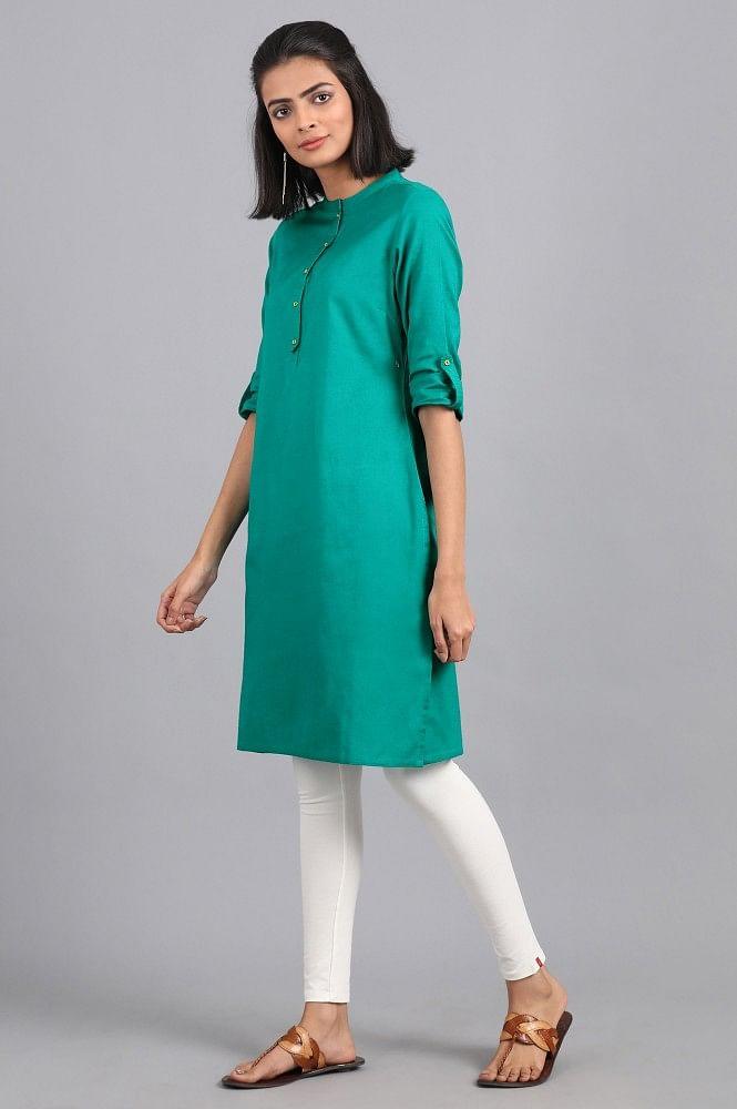 Green Mandarin Neck Solid kurta - wforwoman