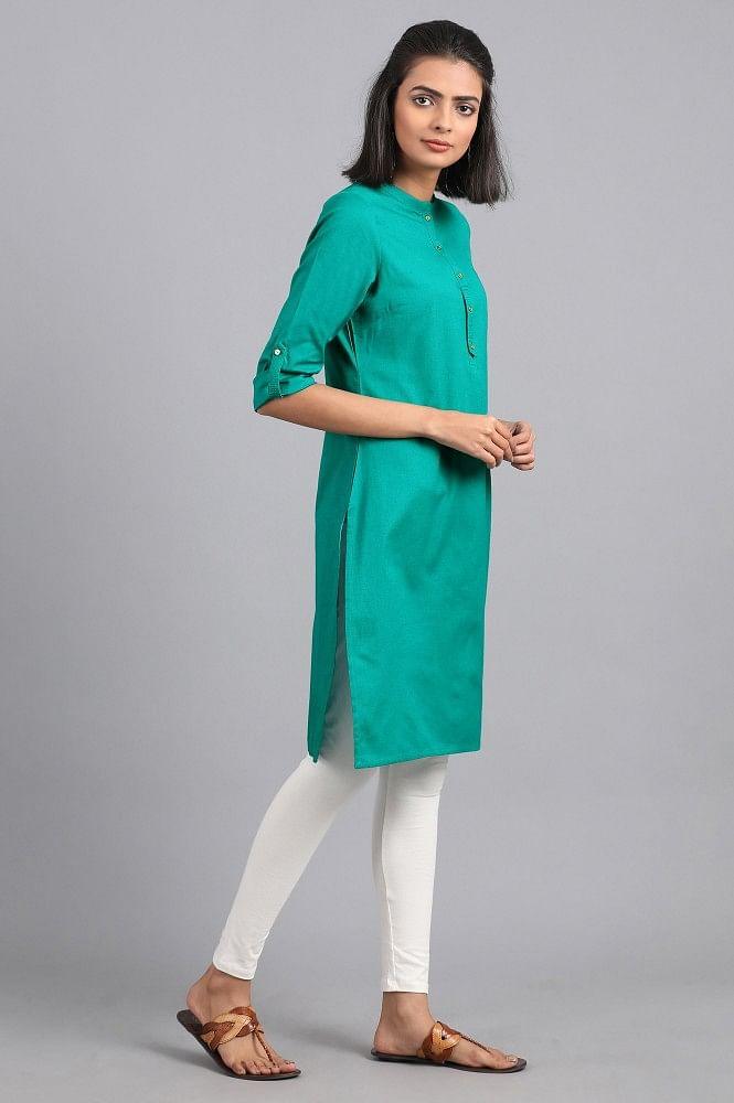 Green Mandarin Neck Solid kurta - wforwoman