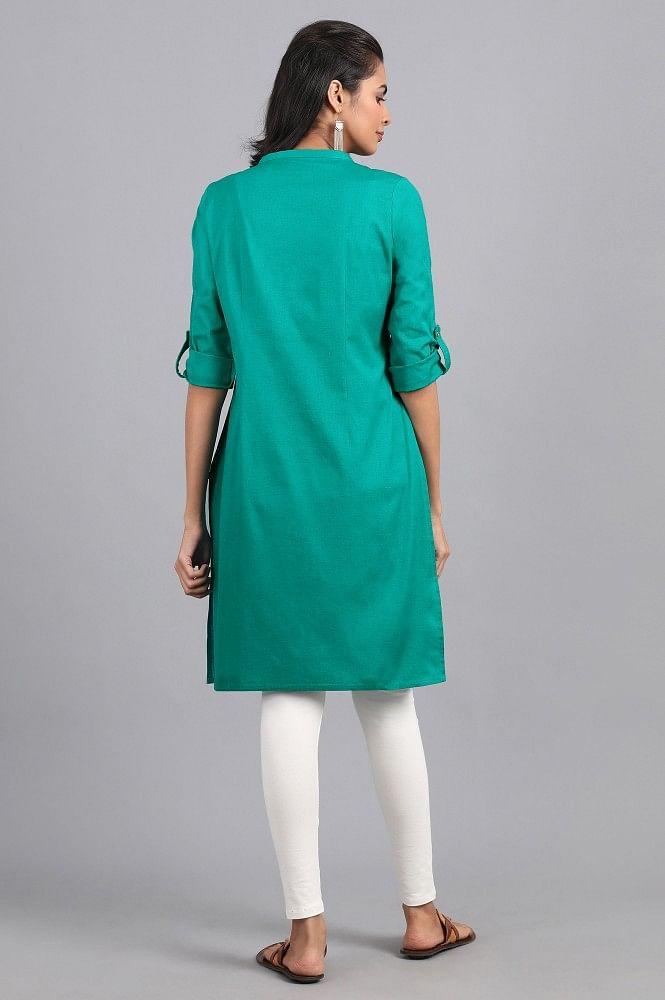 Green Mandarin Neck Solid kurta - wforwoman