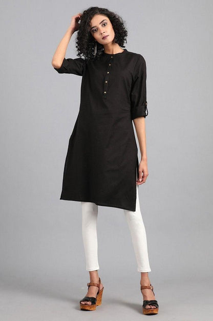 Black Mandarin Neck Solid kurta - wforwoman