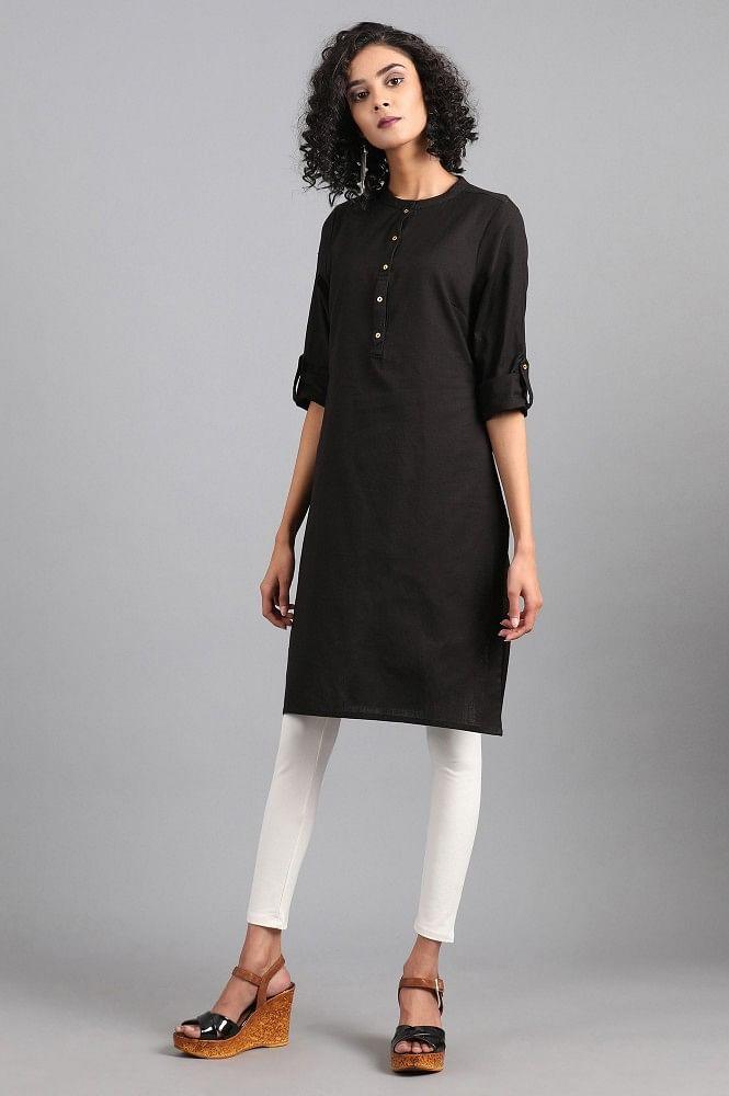 Black Mandarin Neck Solid kurta - wforwoman