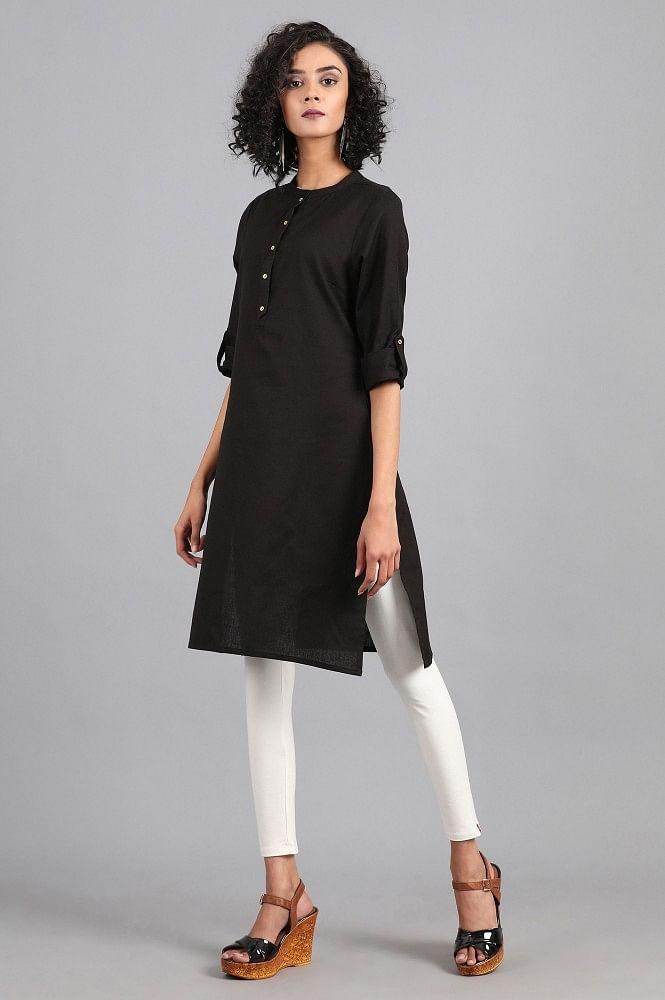 Black Mandarin Neck Solid kurta - wforwoman