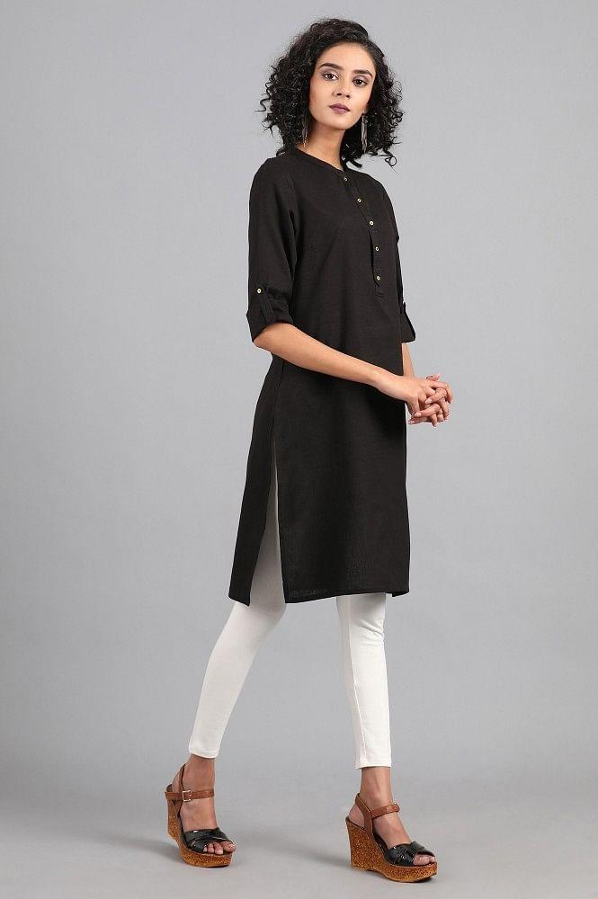 Black Mandarin Neck Solid kurta - wforwoman