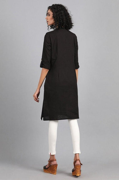 Black Mandarin Neck Solid kurta - wforwoman