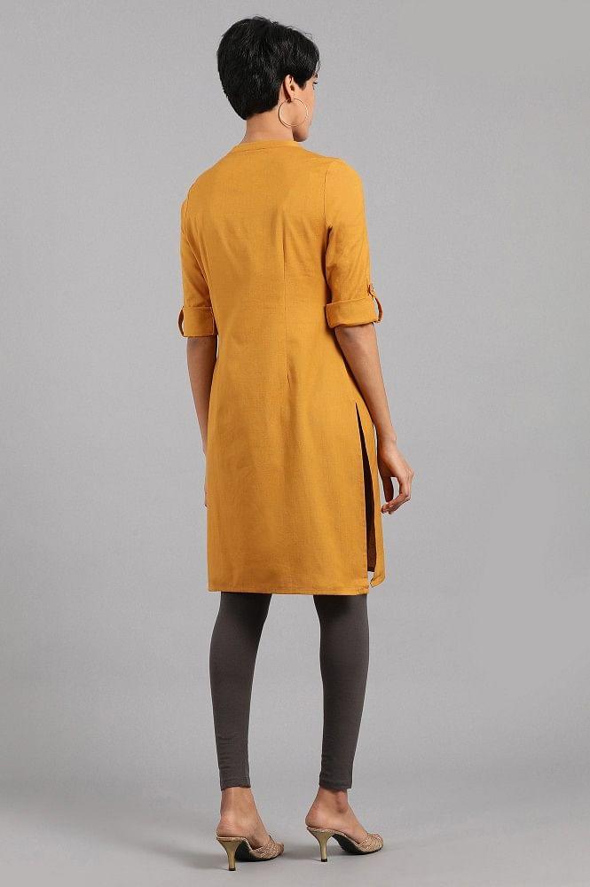 Yellow Mandarin Neck Solid kurta - wforwoman