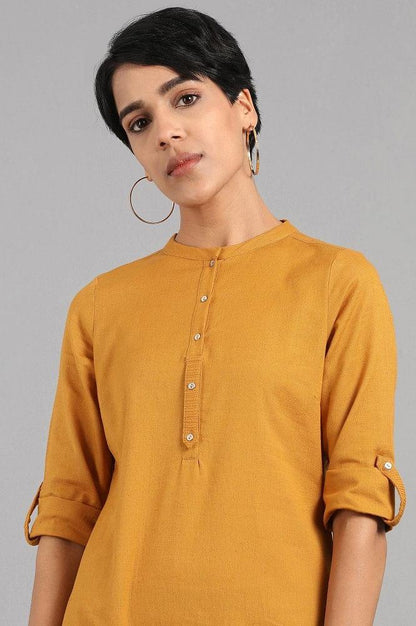 Yellow Mandarin Neck Solid kurta - wforwoman