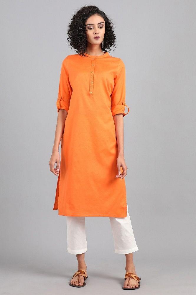 Orange Mandarin Neck Solid kurta - wforwoman