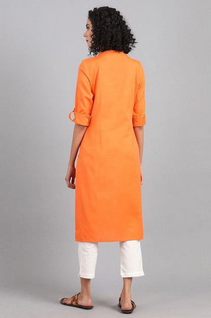 Orange Mandarin Neck Solid kurta - wforwoman