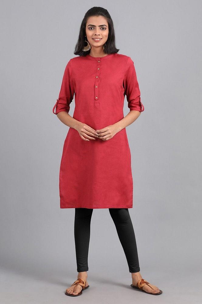 Maroon Mandarin Neck Solid kurta - wforwoman