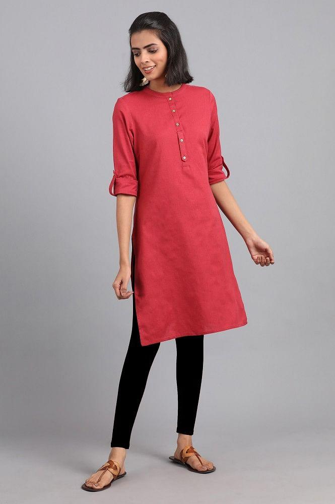 Maroon Mandarin Neck Solid kurta - wforwoman