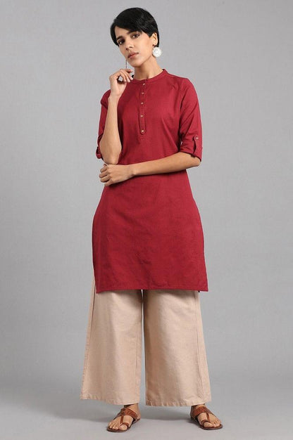 Red Mandarin Neck Solid kurta - wforwoman