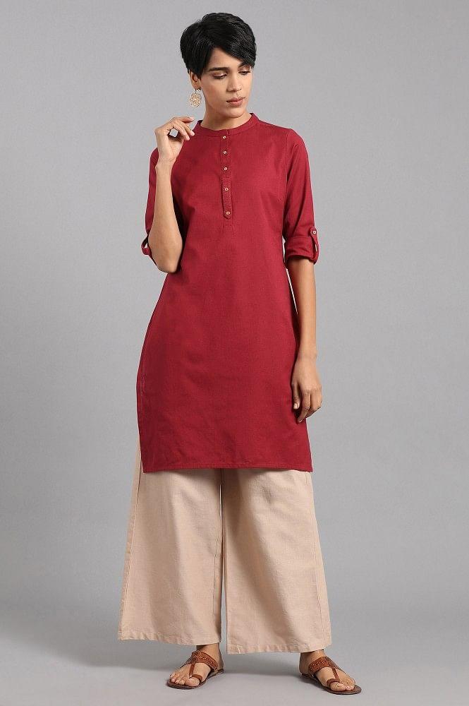 Red Mandarin Neck Solid kurta - wforwoman