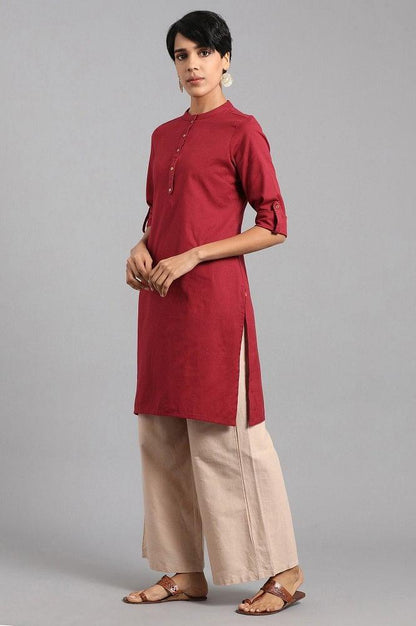 Red Mandarin Neck Solid kurta - wforwoman