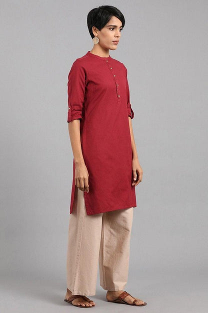 Red Mandarin Neck Solid kurta - wforwoman