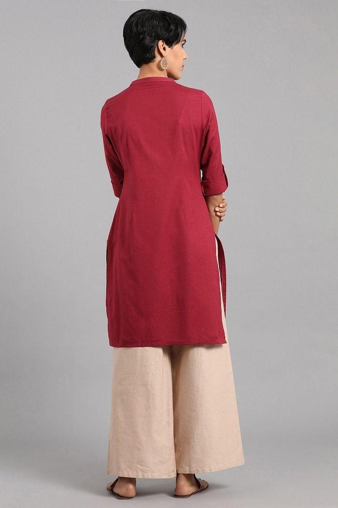 Red Mandarin Neck Solid kurta - wforwoman