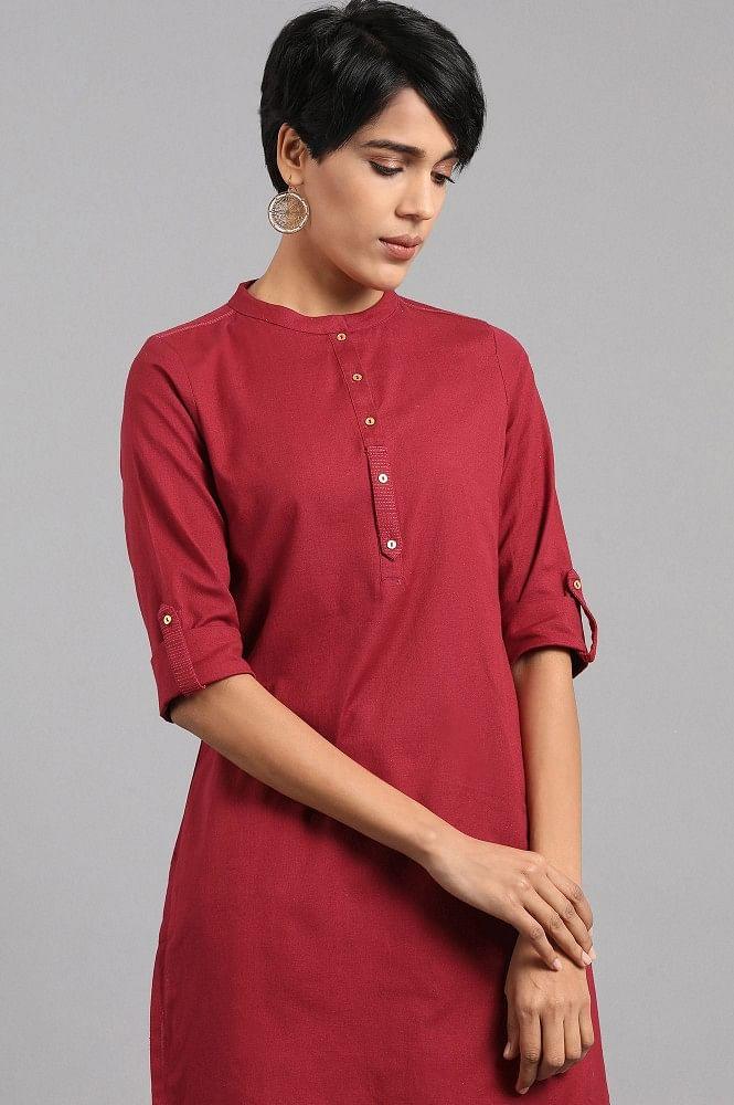 Red Mandarin Neck Solid kurta - wforwoman