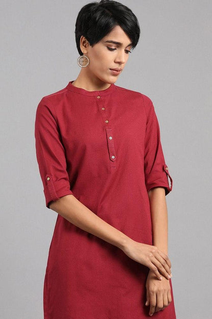 Red Mandarin Neck Solid kurta - wforwoman