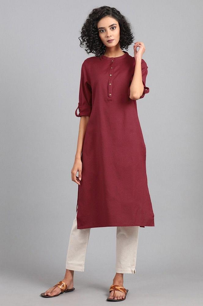 Red Mandarin Neck Solid kurta - wforwoman