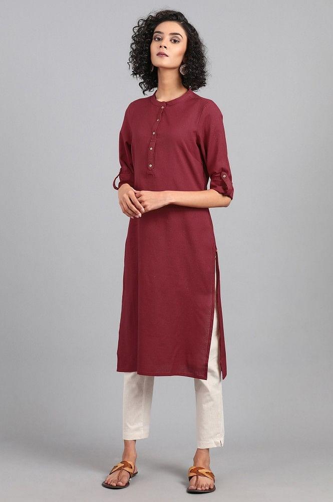 Red Mandarin Neck Solid kurta - wforwoman