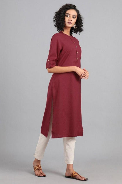 Red Mandarin Neck Solid kurta - wforwoman