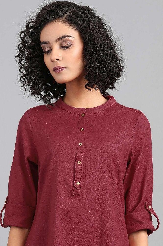 Red Mandarin Neck Solid kurta - wforwoman