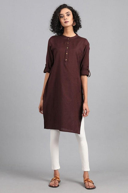 Brown Mandarin Neck Solid kurta - wforwoman