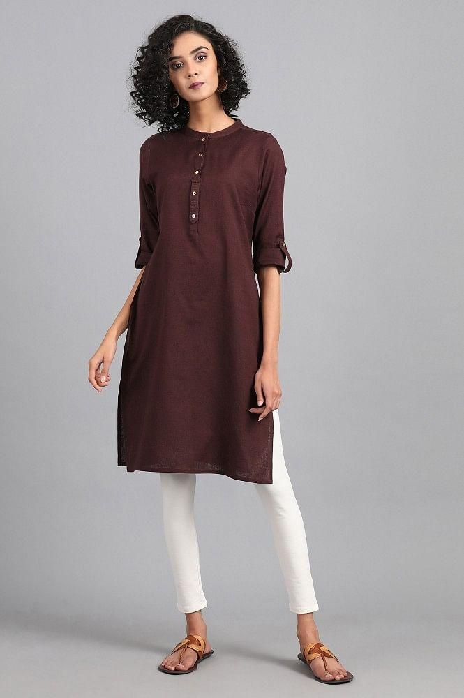 Brown Mandarin Neck Solid kurta - wforwoman