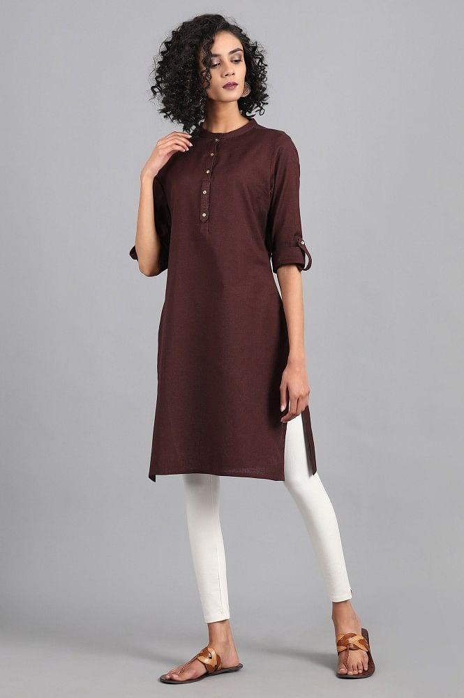 Brown Mandarin Neck Solid kurta - wforwoman