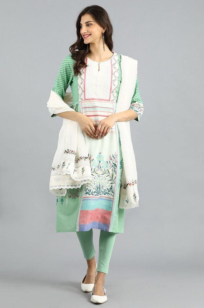 Green Round Neck Printed kurta - wforwoman