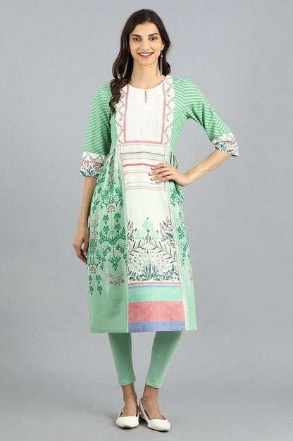 Green Round Neck Printed kurta - wforwoman