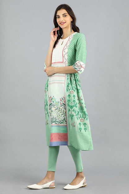 Green Round Neck Printed kurta - wforwoman