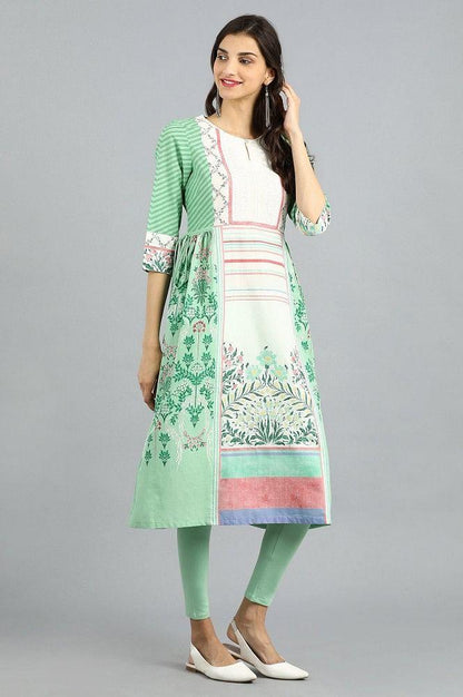 Green Round Neck Printed kurta - wforwoman