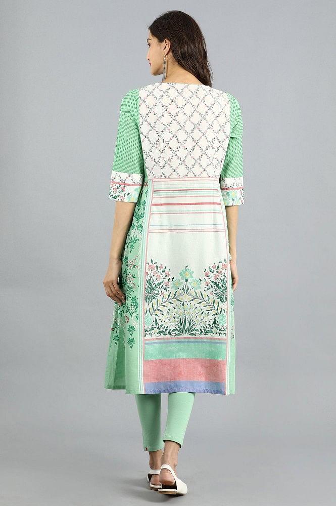 Green Round Neck Printed kurta - wforwoman