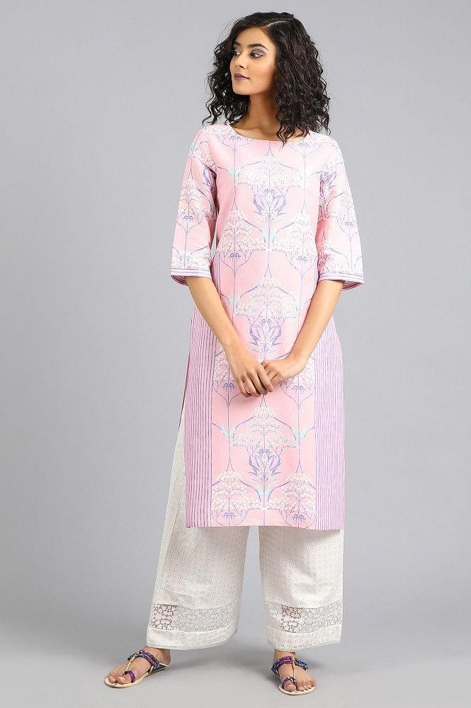 Pink Round Neck Printed kurta - wforwoman