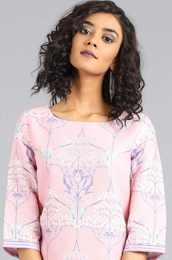 Pink Round Neck Printed kurta - wforwoman