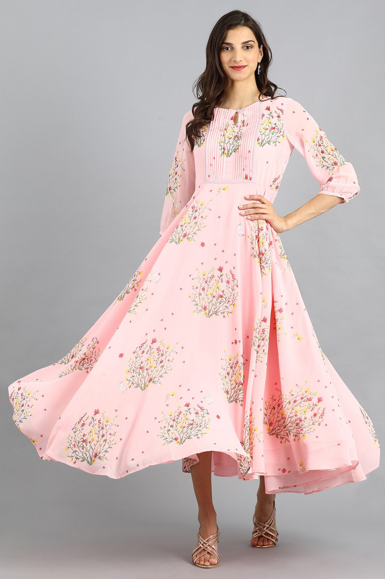 Pink Round Neck Floral Print kurta