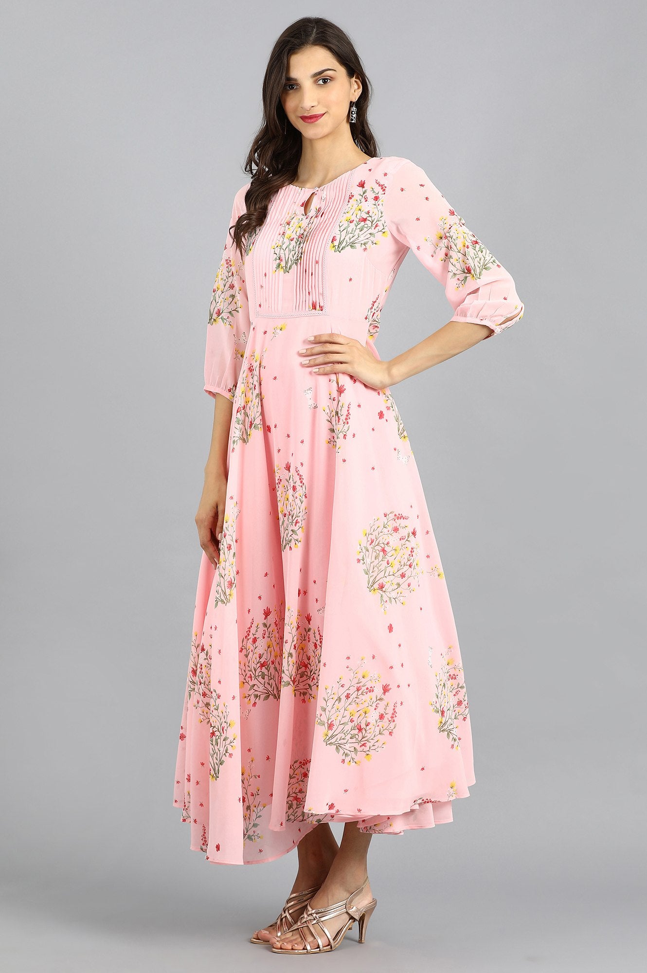 Pink Round Neck Floral Print kurta