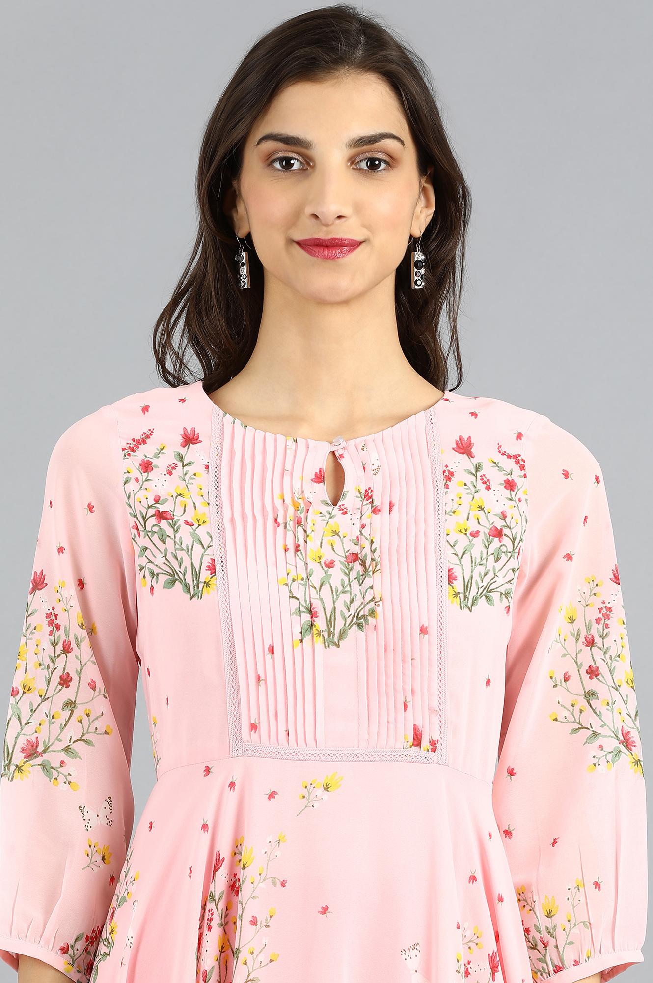 Pink Round Neck Floral Print kurta