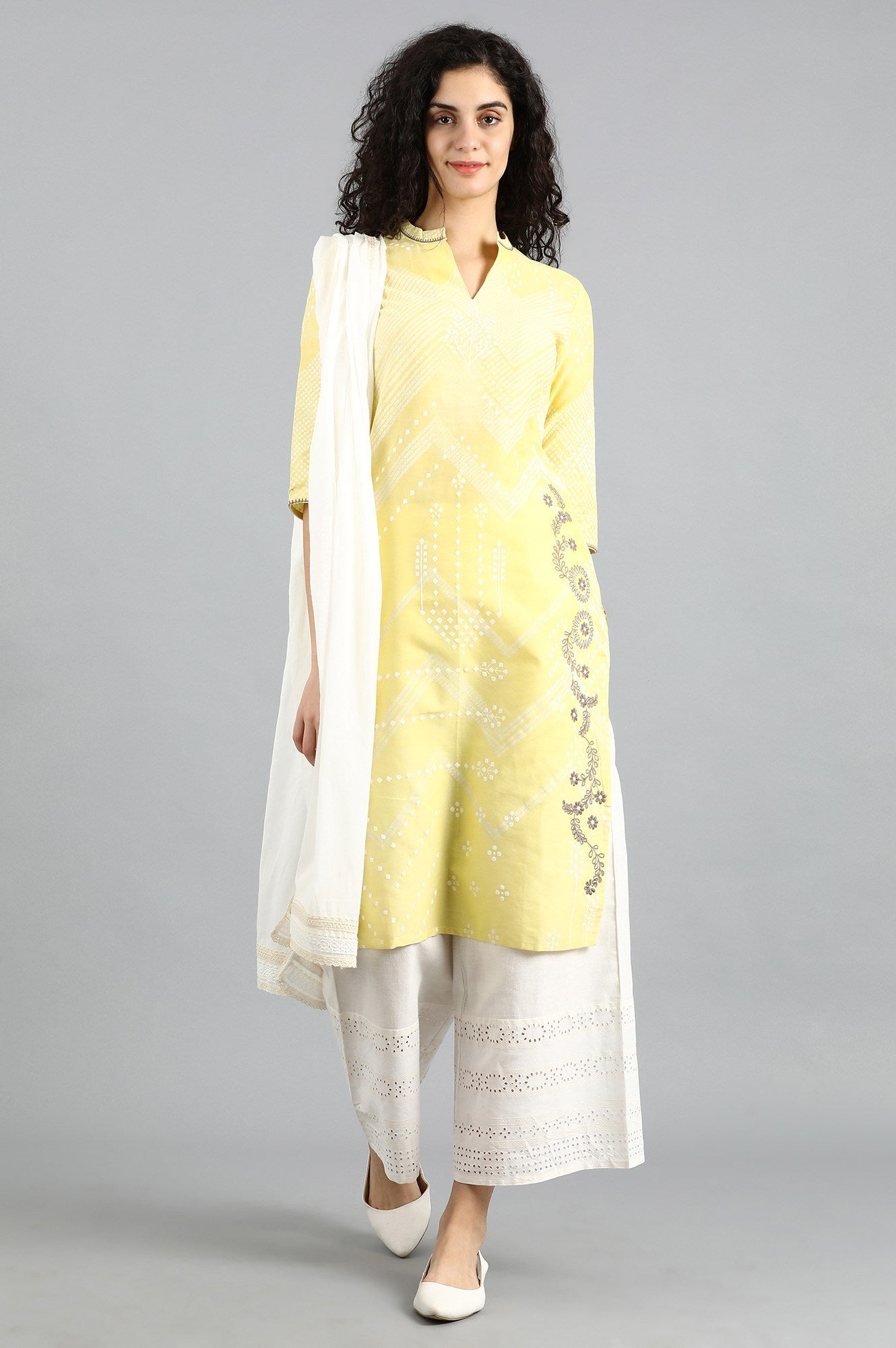 Yellow Mandarin Neck Printed kurta