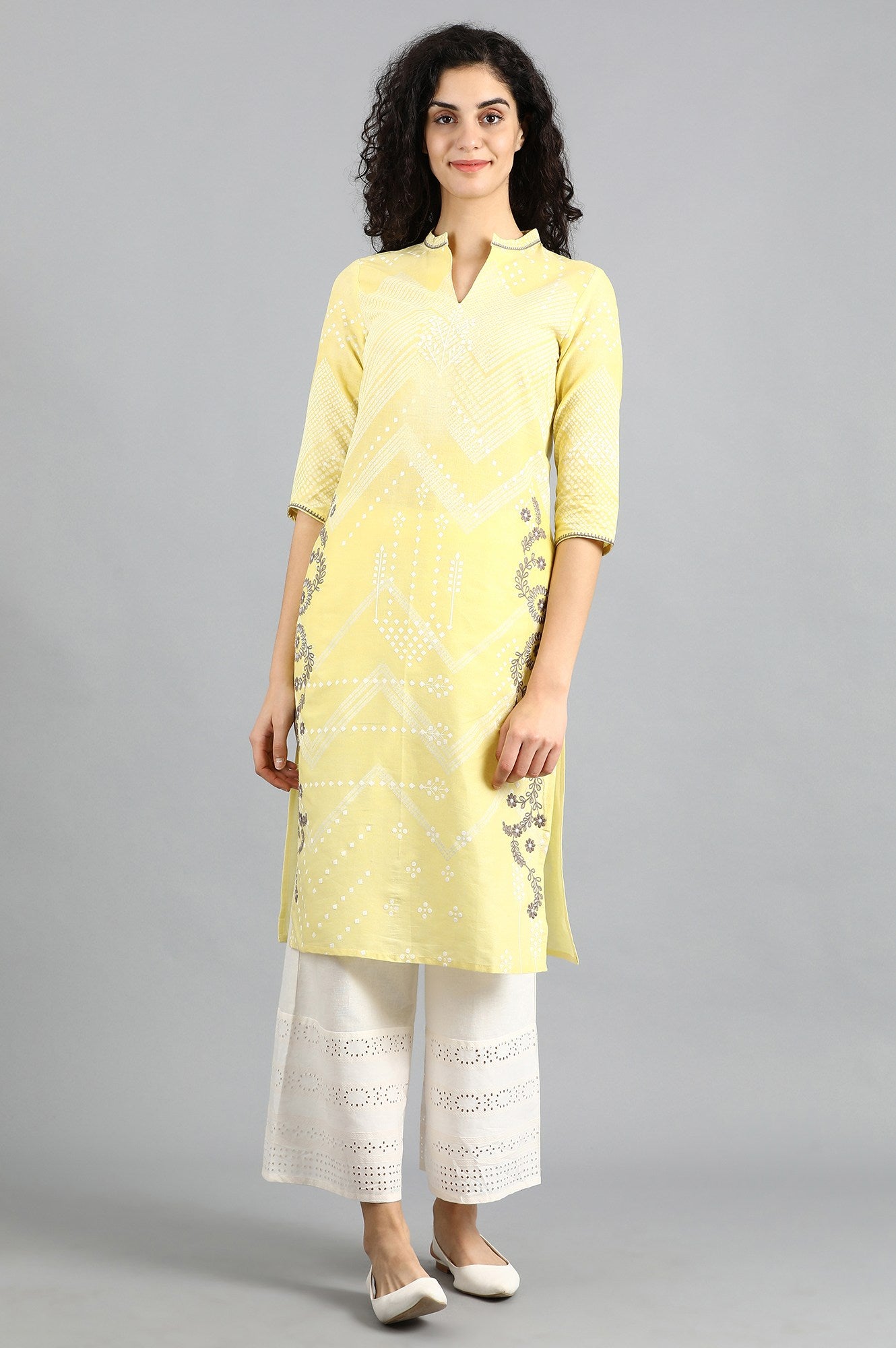 Yellow Mandarin Neck Printed kurta