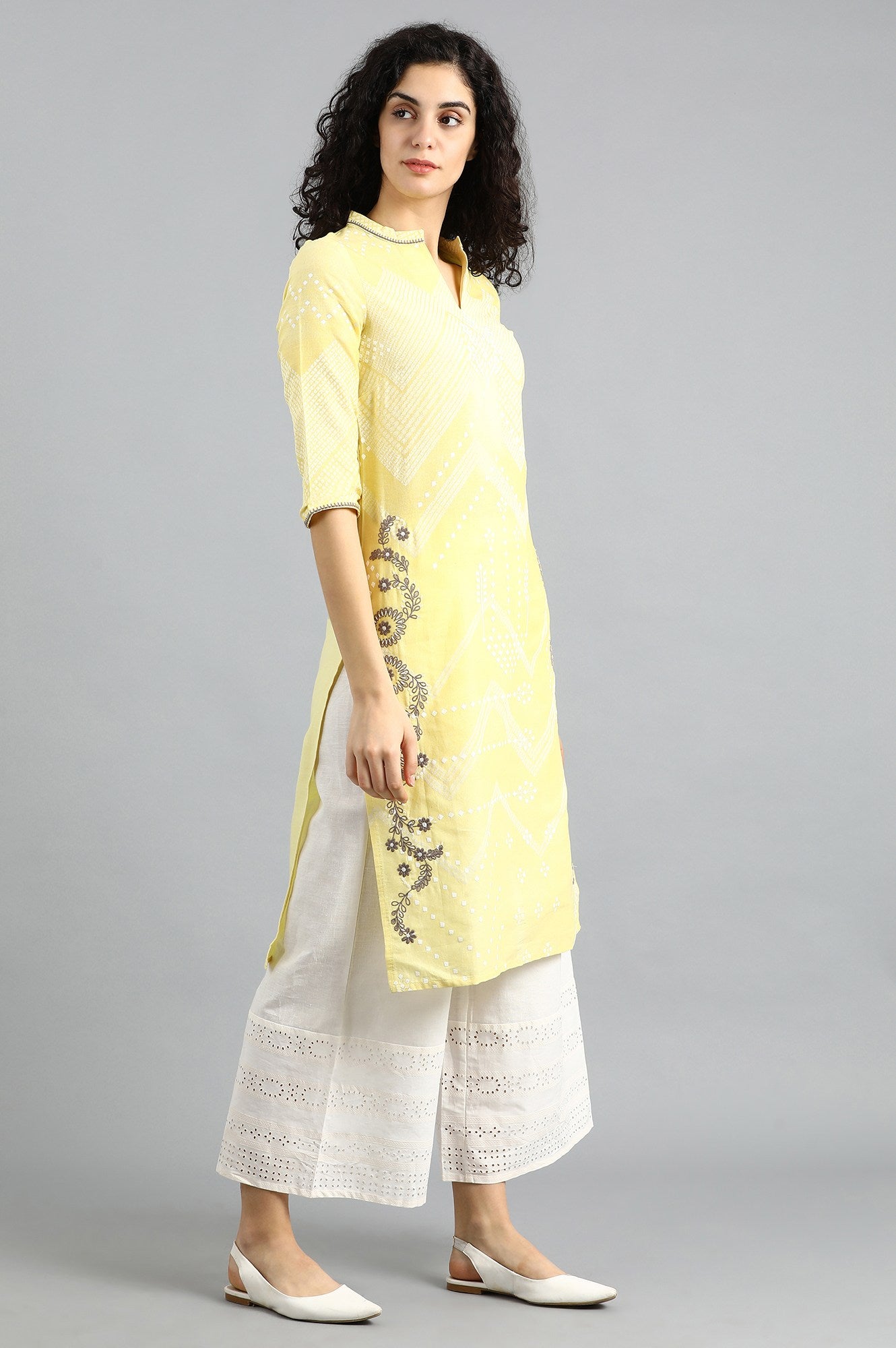 Yellow Mandarin Neck Printed kurta