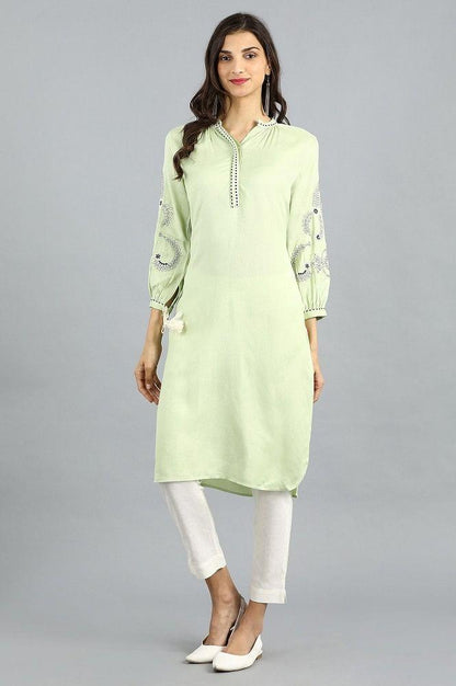 Green Mandarin Neck Solid kurta - wforwoman