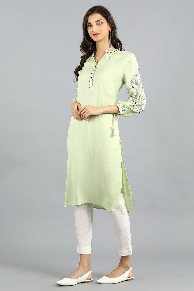 Green Mandarin Neck Solid kurta - wforwoman