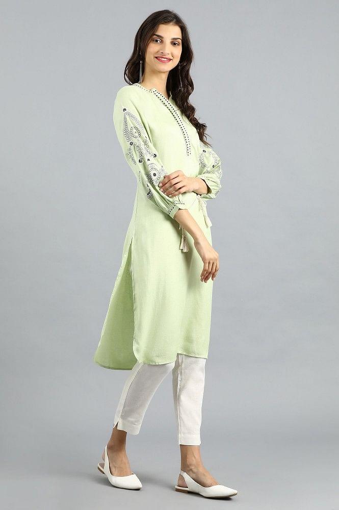 Green Mandarin Neck Solid kurta - wforwoman