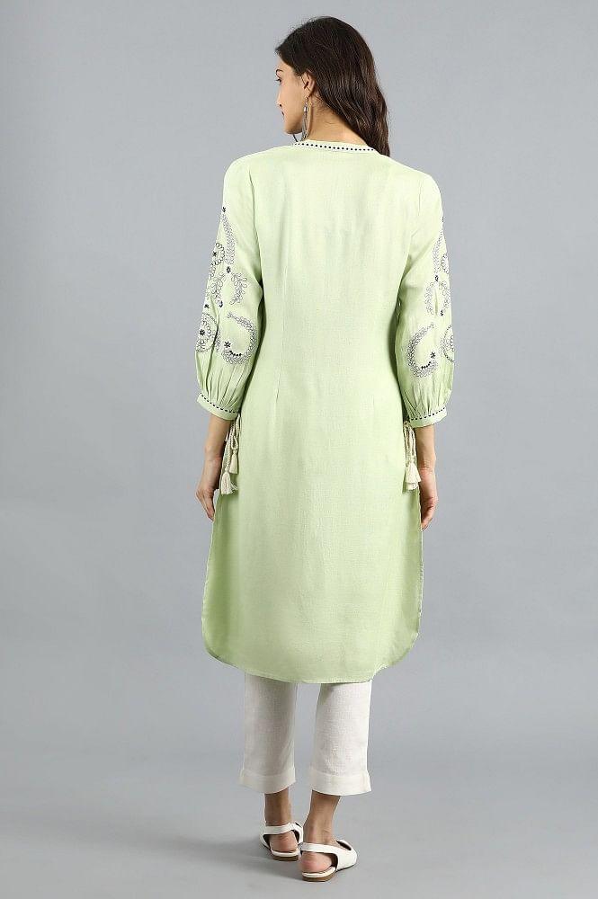 Green Mandarin Neck Solid kurta - wforwoman