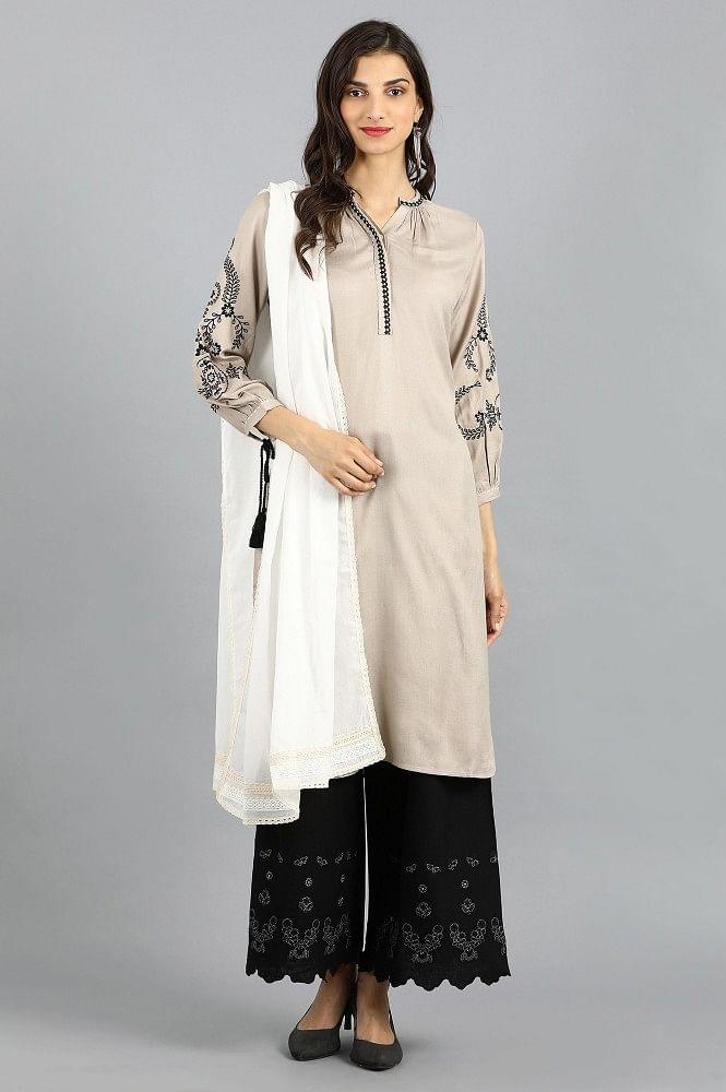 Beige Mandarin Neck Solid kurta - wforwoman