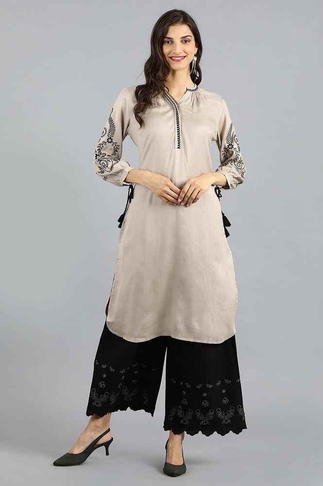 Beige Mandarin Neck Solid kurta - wforwoman