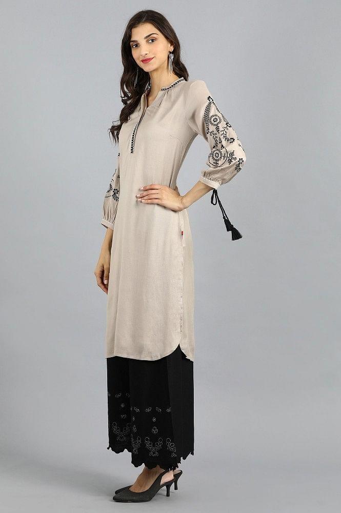 Beige Mandarin Neck Solid kurta - wforwoman