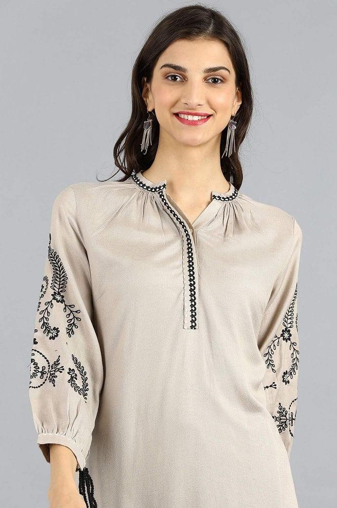 Beige Mandarin Neck Solid kurta - wforwoman